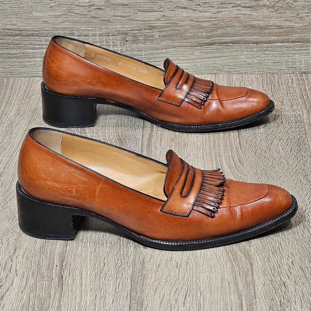 Bruno Magli Womens Tan Leather Kiltie Penny Loafer Block Heel Made in Italy 36.5